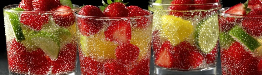 Refreshing glasses of sparkling water with fresh strawberries, lemon, and lime create a delightful and vibrant summer drink presentation.
