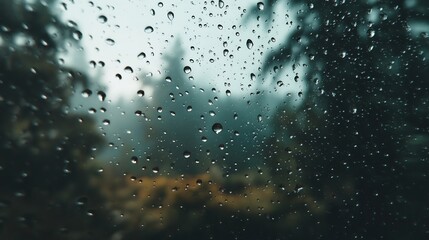 Obraz premium Moody raindrops on glass window with blurred forest background. Close-up of water droplets on a pane during rainy weather, creating a tranquil and atmospheric natural scene.