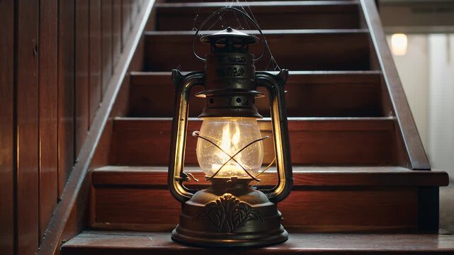 Vintage oil lamp with a glowing flame sits on wooden stairs, creating a warm and inviting atmosphere.