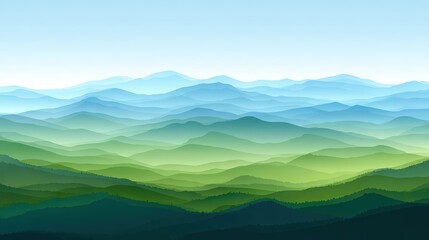 Beautiful serene illustration of rolling mountain range fading into the distance with calming shades of green and blue creating a peaceful vista.