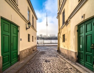 Fototapeta premium Cobblestone alleyway, ancient buildings, hazy tower