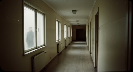 Long stark hallway with windows A figure is seen blurred behind one window