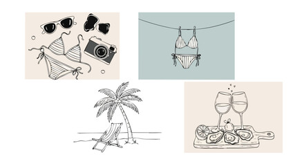 Dreaming of a stylish summer getaway with beach, sunglasses, retro camera, bikini, tropical palm, refreshing drinks and oysters, perfect for social media