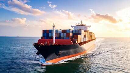 Cargo vessel transporting many colorful shipping containers on ocean with golden sun reflecting on blue water under cloudy sky, maritime