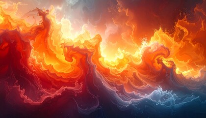 Fiery, swirling cloudscape, vibrant oranges and blues