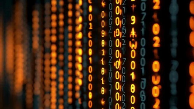 Matrix style glowing binary code background, cyberpunk digital data stream animation