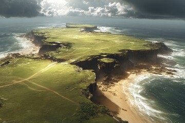 High-angle view of a long, verdant island with dramatic cliffs and waves