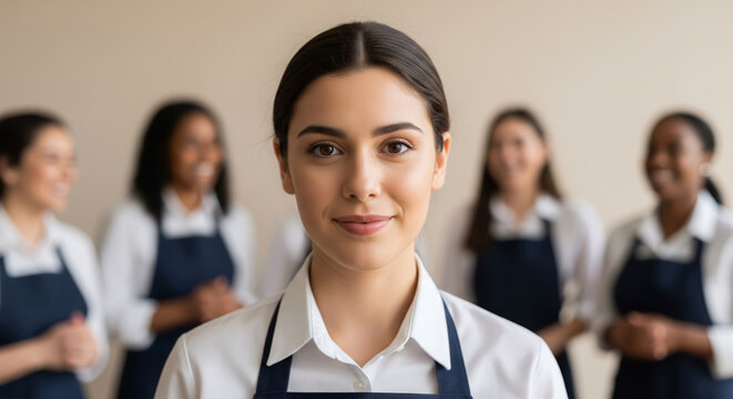 Confident waitress posing in front of smiling team