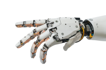 Robotic hand with articulated fingers isolated on transparent background. Gesturing robot hand isolated on white background.