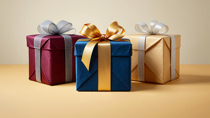Fototapeta premium Elegant Gift Boxes in Maroon, Blue, and Gold with Silk Ribbons on a Beige Background