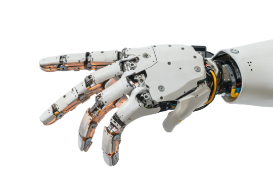 Robotic hand with articulated fingers isolated on transparent background. Gesturing robot hand isolated on white background.