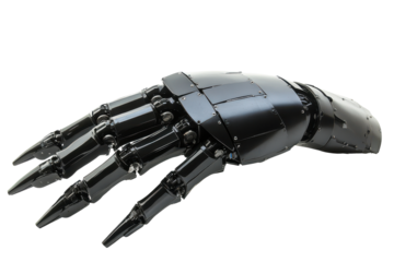 Robotic hand with articulated fingers isolated on transparent background. Gesturing robot hand isolated on white background.
