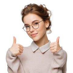 Young woman with glasses and curly hair giving two thumbs up gesture isolated on transparent background