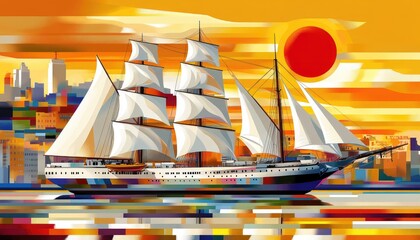 Colorful Sailing Ship at Sunset, Cityscape Illustration.