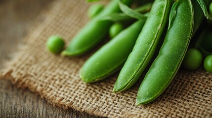 Fresh green peas on a sack, on wooden floor
