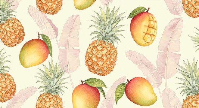 Seamless pattern of mangoes and pineapples - Powered by Adobe