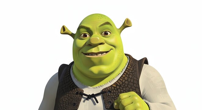 A friendly, computer-animated green ogre with a warm smile and rustic clothing, isolated on a white background.