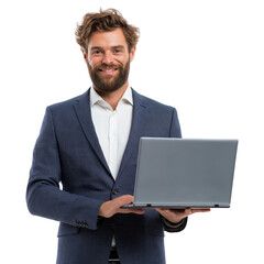 Smiling bearded man in a suit jacket holding a laptop computer isolated on transparent background