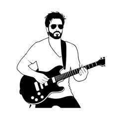 Obraz premium Black and white line art of a cool man playing guitar in casual outfit minimalist stylish illustration