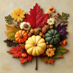 Fototapeta premium Autumn Art Decoration: Combination of Colorful Autumn Leaves, Pumpkins, Flowers and Nuts, Creating Warm Harvest Atmosphere (For Thanksgiving Decoration, Autumn - Themed Design, Home Aesthetics Inspira
