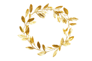 Golden olive branch wreath isolated on transparent background. Golden olive crown isolated on white background.