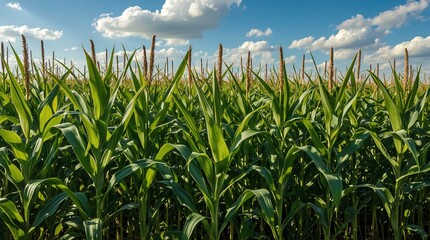 Fototapeta premium Corn field in summer with blue sky and white clouds. Agricultural landscape