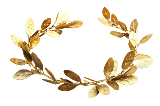 Golden olive branch wreath isolated on transparent background. Golden olive crown isolated on white background.