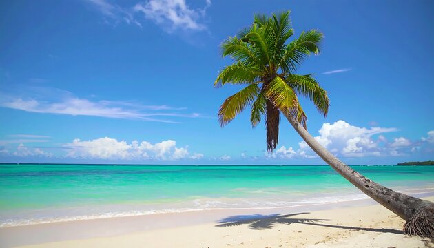 Idyllic beach scene with leaning palm tree, turquoise water, and bright sky