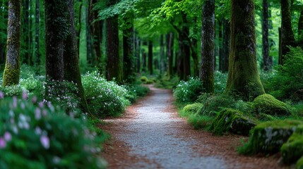 Fototapeta premium Enchanting Forest Pathway with Glowing Green Trees and Delicate White Flowers in a Serene Woodland Scene