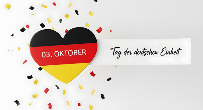 Graphic design of a heart with the German flag and confetti celebrating Oktober 3rd, German Unity Day, on a white background with a festive mood.