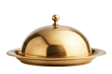 Elegant gold butter dish with domed lid isolated on transparent background. Golden serving cloche raised above empty golden plate isolated on white background.