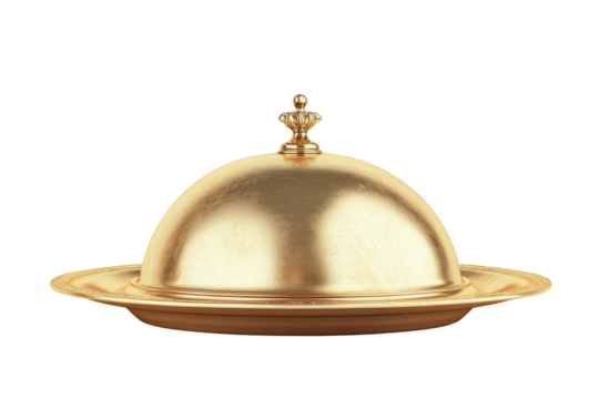 Elegant gold butter dish with domed lid isolated on transparent background. Golden serving cloche raised above empty golden plate isolated on white background. - Powered by Adobe