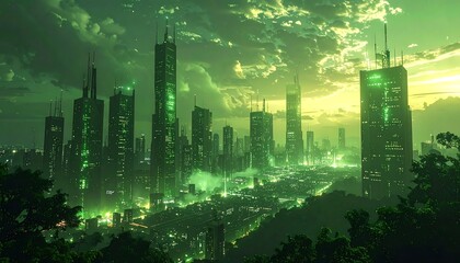 Futuristic city skyline at night, glowing green (1)
