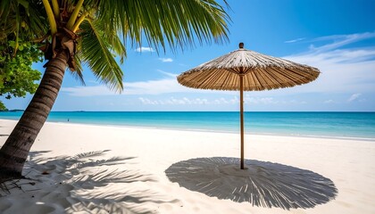 Idyllic beach scene with palm tree and thatched umbrella
