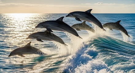 Dolphin pod leaping in ocean water marine wildlife
