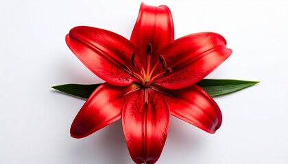 A vibrant red lily flower with six petals, isolated on a white background, featuring a sharp green leaf.