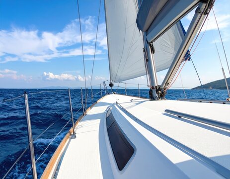 Sailing yacht deck, blue sea, white sails