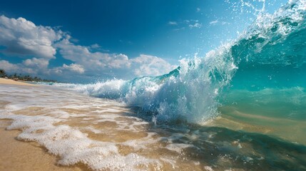 An expansive ocean wave gracefully crashes onto a sandy beach, creating an immersive and serene coastal scene under a clear, blue sky. 