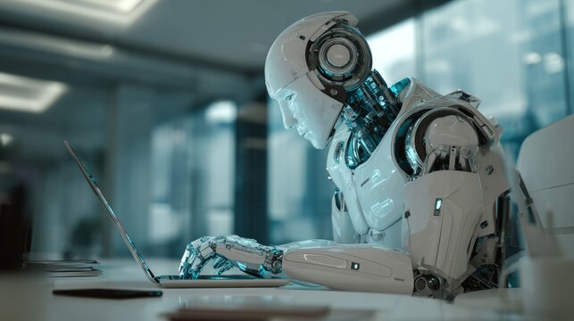 A futuristic robot engages in the modern workspace, diligently working on a laptop. The scene portrays the fusion of technology and innovation.