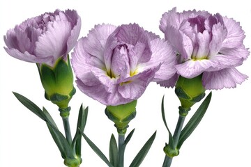 Close-up of three light purple carnations on stems