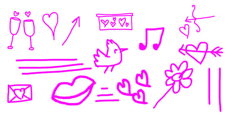 Pink Doodle Valentine's Day Icons and Symbols | Hand Drawn Hearts, Drinks, Bird, Arrow, and Flower Elements for Romantic Design and Celebration