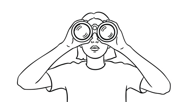 Young woman looking ahead with binoculars searching for new opportunities, ready to explore future trends and anticipate market shifts in business