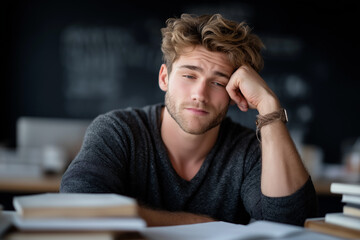 A stressed student sits behind a desk piled high with books, holding his head in his hands and his eyes closed in frustration.