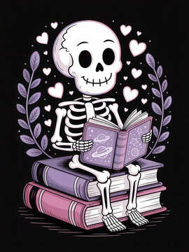 Cute skeleton reading a purple book while sitting on stacked books with hearts and leafy decorations creating a playful halloween reader design for book lovers spooky season and cozy gothic themes