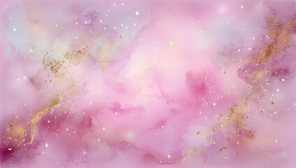 A dreamy, ethereal backdrop featuring soft pinks and purples, accented with sparkling gold glitter and scattered stars, creating a gentle and romantic mood.