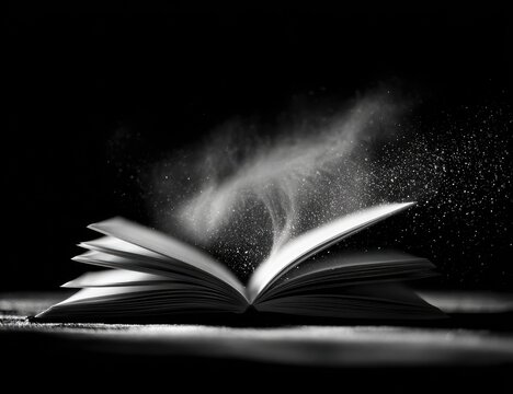An open book, bathed in a magical light, reveals secrets of the untold stories, with ethereal dust particles swirling around its pages, against a deep black backdrop.