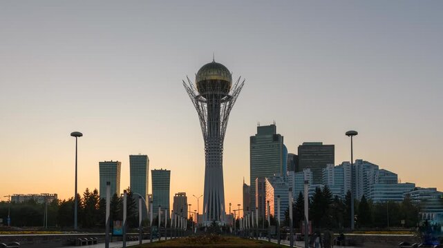Day to night time lapse of the Baiterek Tower in Almaty, Kazakhstan