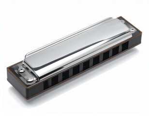 Harmonica with silver metal top and black base, isolated on white background