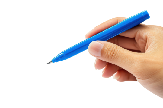 Hand holding a blue marker isolated on transparent background. Hand drawing a graph using a blue marker isolated on white background.