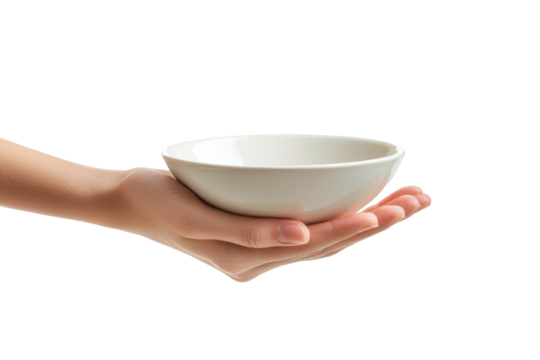 Hand holding white bowl isolated on transparent background.